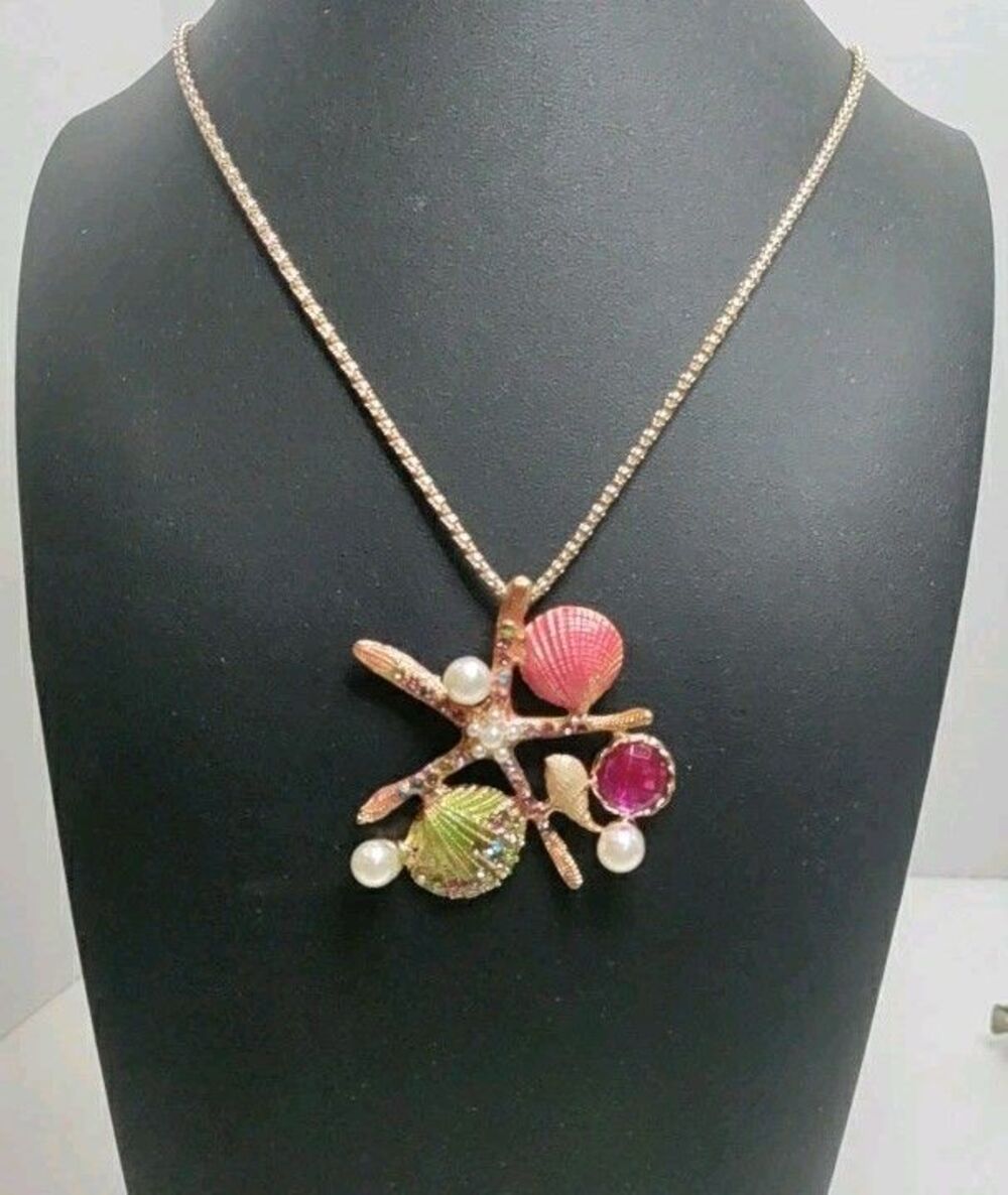 Betsey Johnson Gold Tone Starfish Pearl Seashell Necklace Pendant Signed